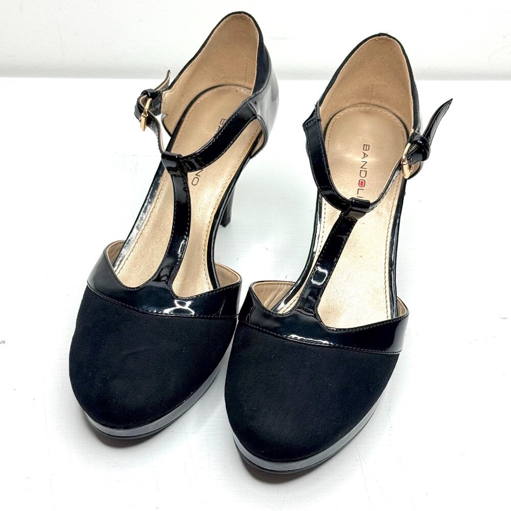 Bandolino Suede Patent Academia Feminine Mary Jane T Strap Heel Pump Womens 7.5